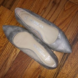 Muted metallic pointed-toe small wedge flats